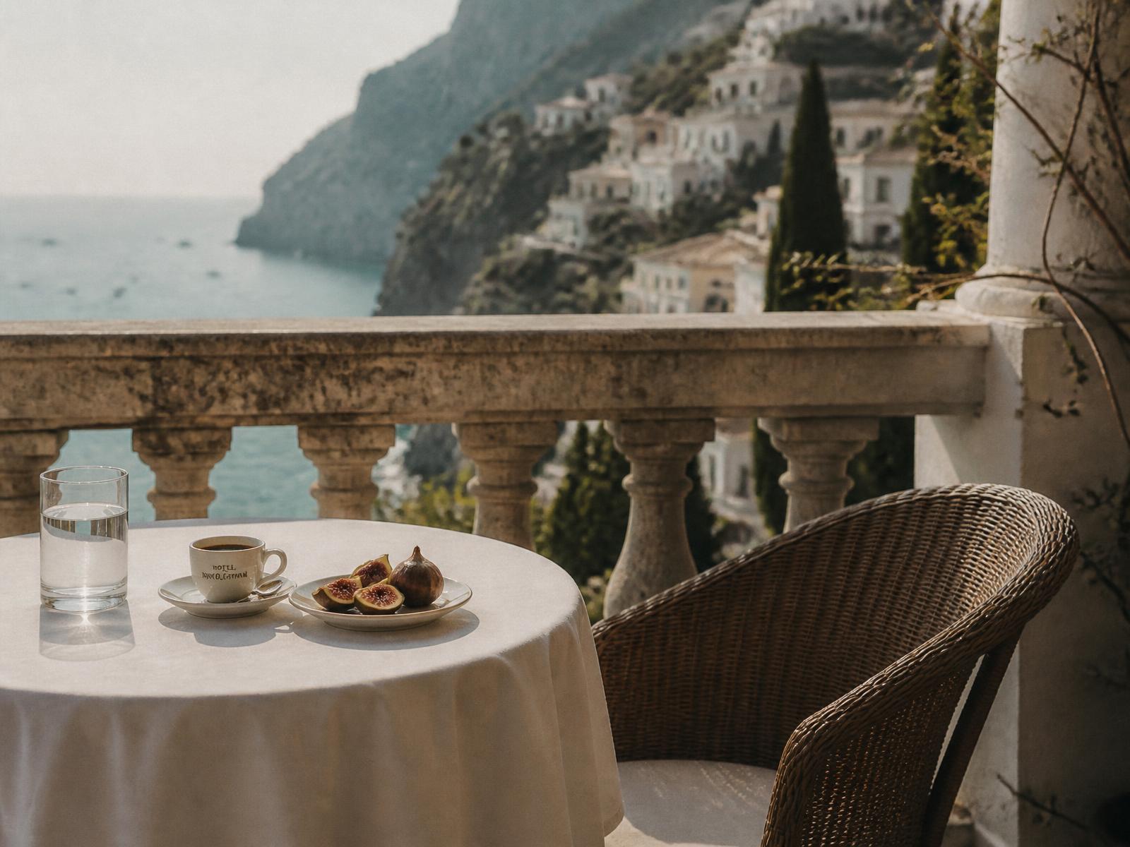 A small breakfast table with espresso and figs on a hotel terrace above the sea