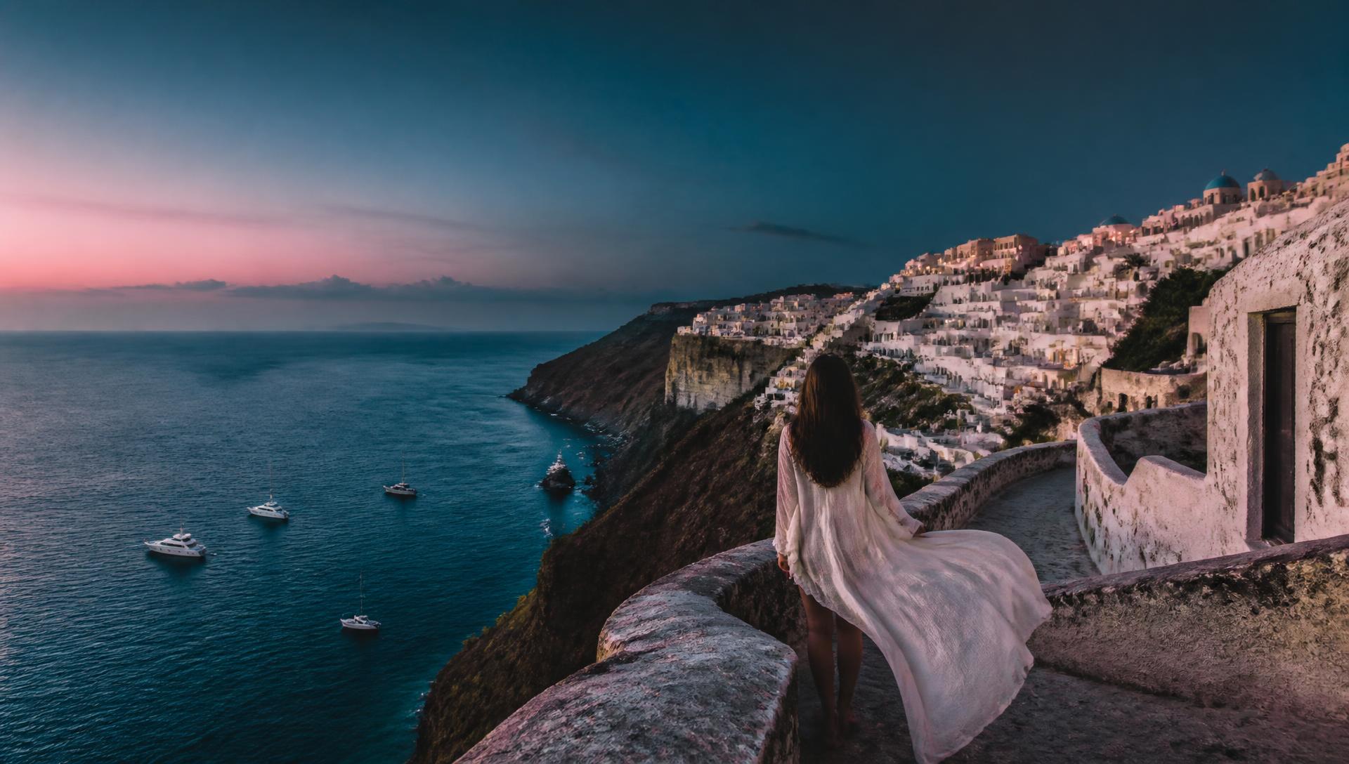 Traveler looking out over a coastal city from a hotel balcony
