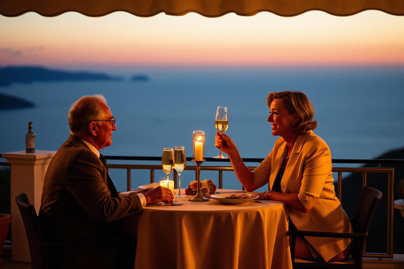 Couple dining by candlelight on a Mediterranean terrace at dusk