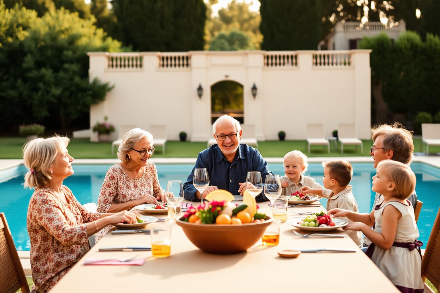 Three generations of a family sharing lunch at a Tuscan villa