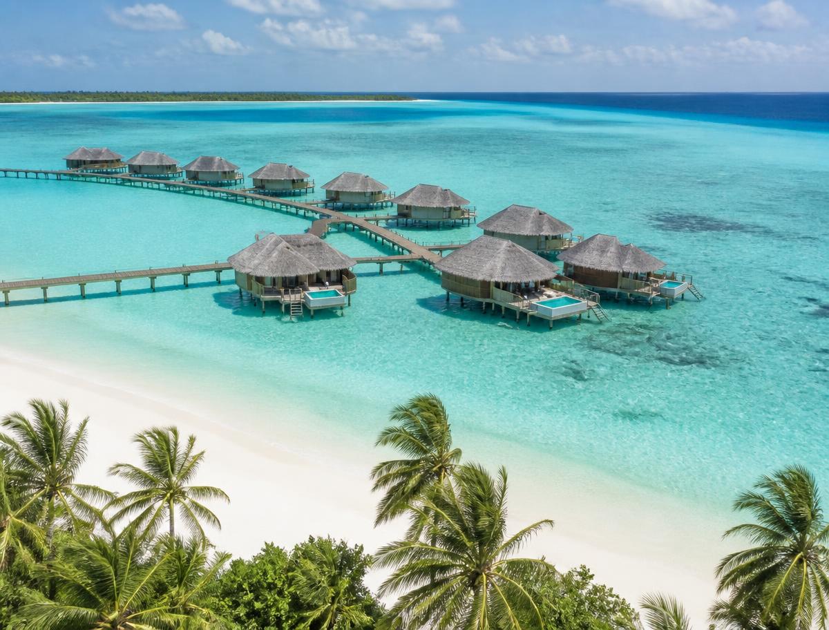 Overwater villa on stilts above a turquoise Maldivian lagoon