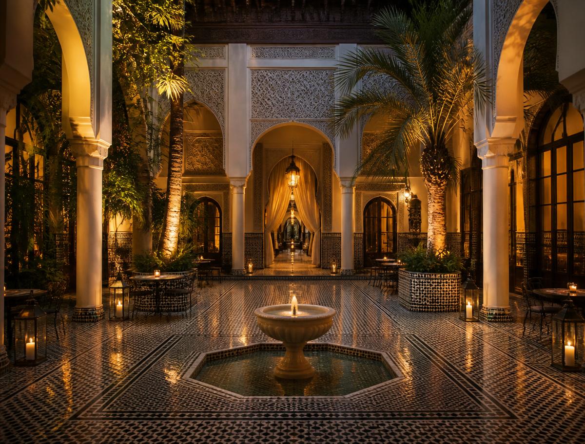 Sunlit tiled courtyard of a boutique hotel in southern Portugal