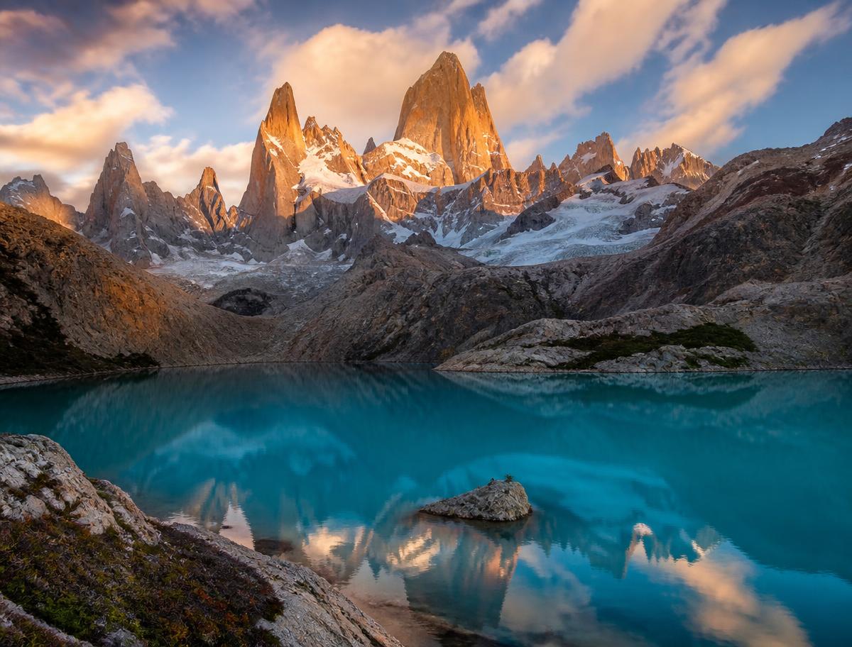 Hikers on a trail beneath the granite peaks of Patagonia
